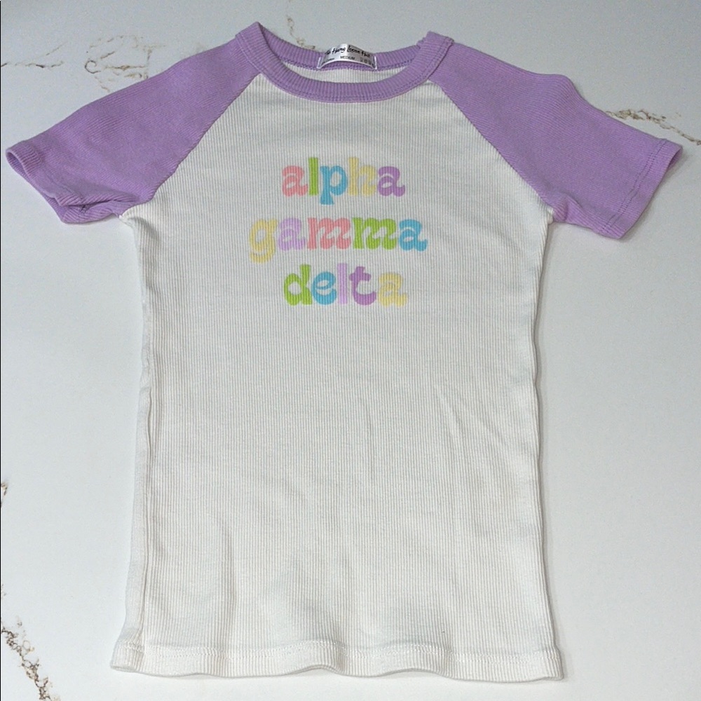 Alpha Gamna Delta White and Purple Ribbed Tee | M